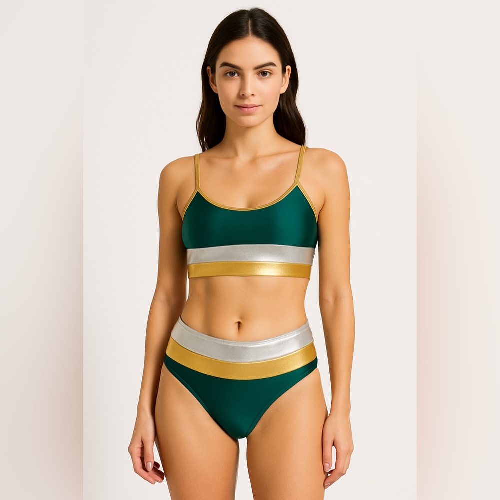 Emme Jordan Bikini Swimsuit High Waist Striped Green‎ Gold Silver Size S